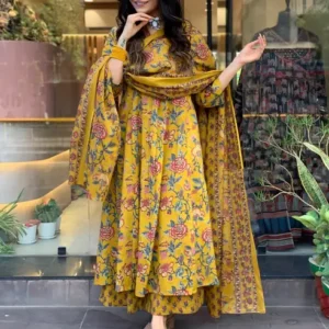 Women Floral Print, Printed Viscose Rayon Anarkali Kurta With Attached Dupatta